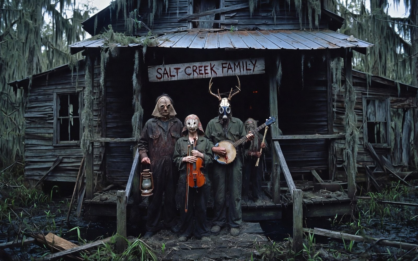 The Salt Creek Family outside a swamp cabin